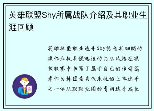 英雄联盟Shy所属战队介绍及其职业生涯回顾