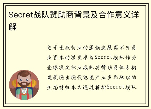 Secret战队赞助商背景及合作意义详解