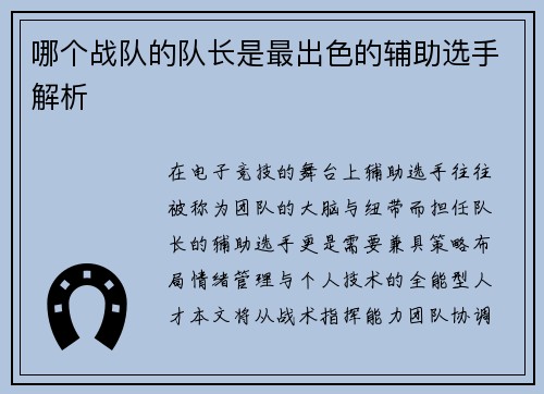哪个战队的队长是最出色的辅助选手解析